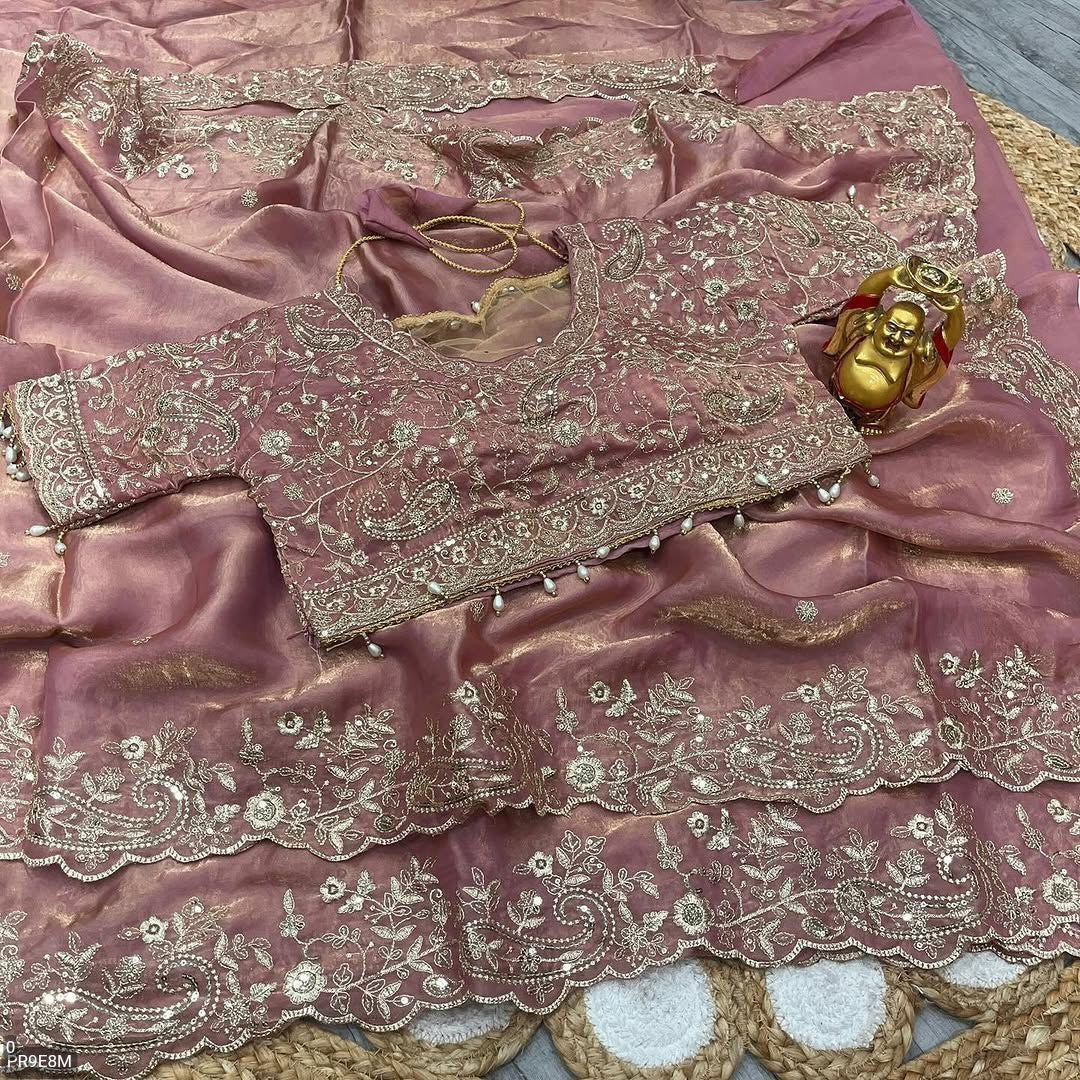 Designer Keri Work Satin Saree with Heavy Embroidery | Krishvi Fashion